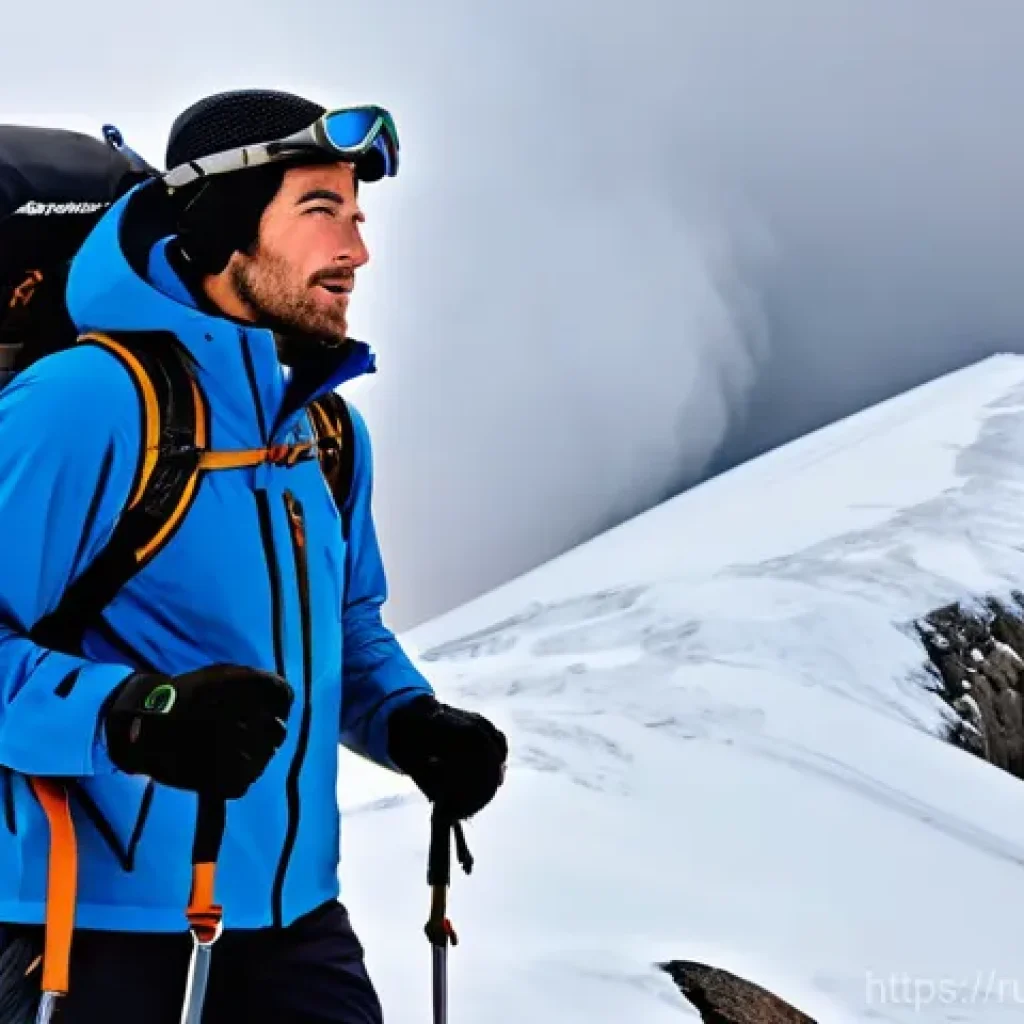 전문 등산용 시계 추천 - **Rugged Mountaineer Navigating a Stormy Peak:**
"A determined male mountaineer, mid-30s, stands...