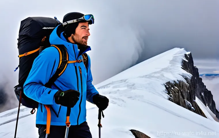 전문 등산용 시계 추천 - **Rugged Mountaineer Navigating a Stormy Peak:**
    "A determined male mountaineer, mid-30s, stands...