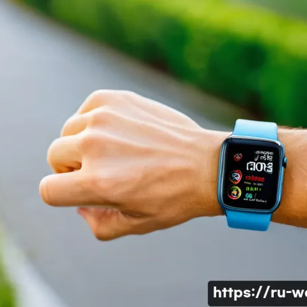 애플워치 울트라 스펙 분석 - A close-up of a sporty adult wearing an Apple Watch Ultra with a titanium case, showing the large br...