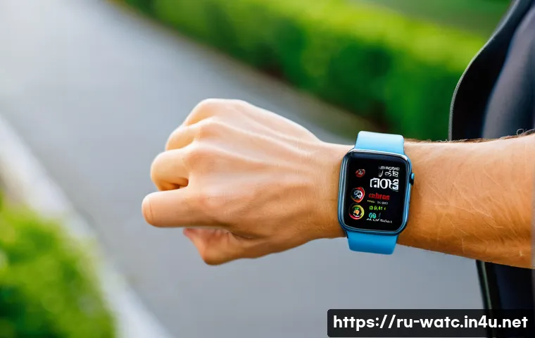 애플워치 울트라 스펙 분석 - A close-up of a sporty adult wearing an Apple Watch Ultra with a titanium case, showing the large br...