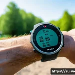 폴라스포츠 시계 모델 추천 - A close-up shot of a modern Polar sports watch on the wrist of an active adult male runner outdoors,...