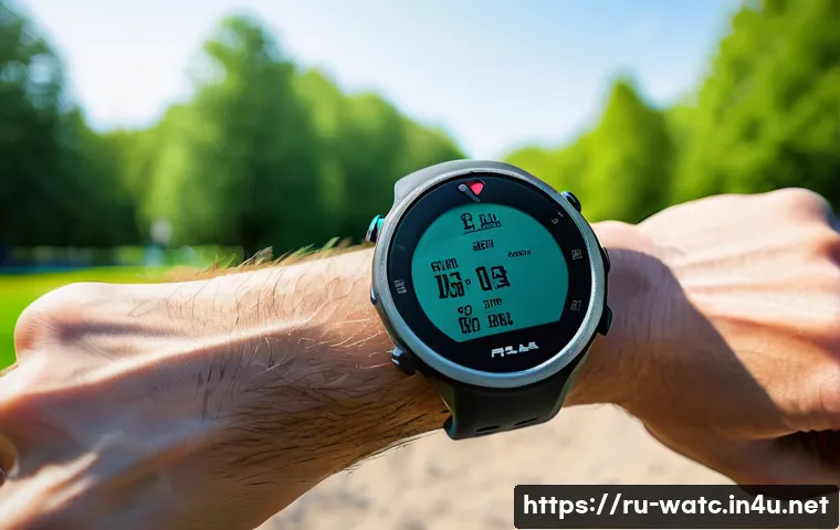폴라스포츠 시계 모델 추천 - A close-up shot of a modern Polar sports watch on the wrist of an active adult male runner outdoors,...