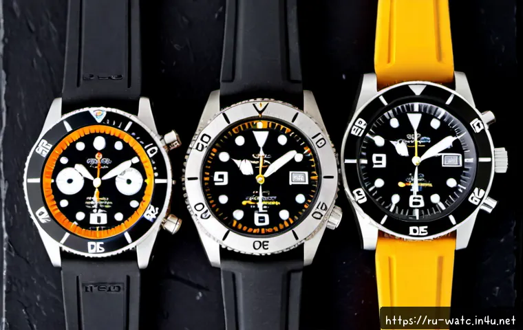 Home 17 전문 다이버를 위한 시계 추천 - Photorealistic professional dive watch comparison on a clean dark slate workbench, three unbranded r...