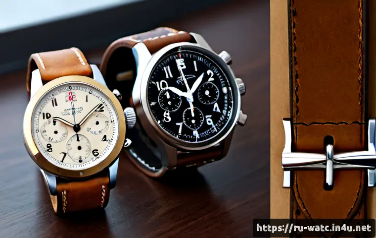 Home 17 브라이틀링 네비타이머 모델 비교 - Photorealistic luxury watch comparison scene, two distinct aviation-inspired chronograph wristwatche...