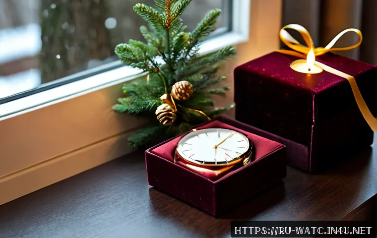 럭셔리 시계 선물 추천 - Photorealistic luxury watch gift scene for a Russian winter celebration, an elegant unbranded gold-t...