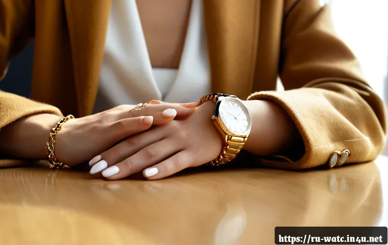 골드와 실버 시계 스타일링 팁 - Photorealistic close-up of a stylish Russian woman’s hands resting on a light oak café table, wearin...