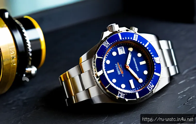 오메가 씨마스터 300 프로페셔널 리뷰 - Photorealistic luxury stainless-steel dive watch with a blue wave-textured dial and rotating bezel, ...